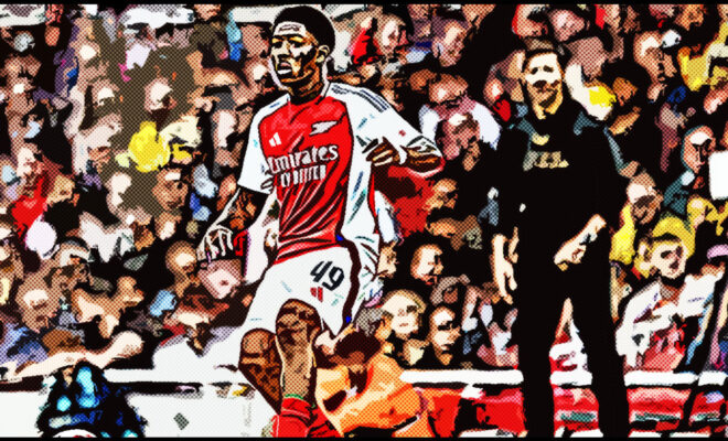 Myles Lewis-Skelly in action for Arsenal, showcasing his talent as a rising star from the Hale End academy
