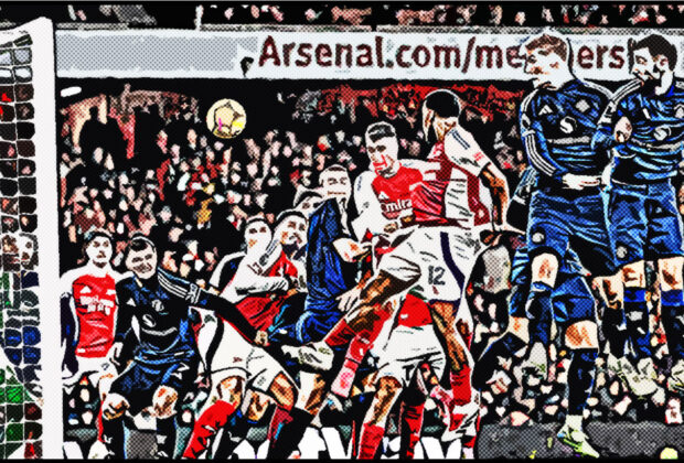 Jurrien Timber rises above the Manchester United defense to score a crucial header for Arsenal in their 2-0 Premier League victory